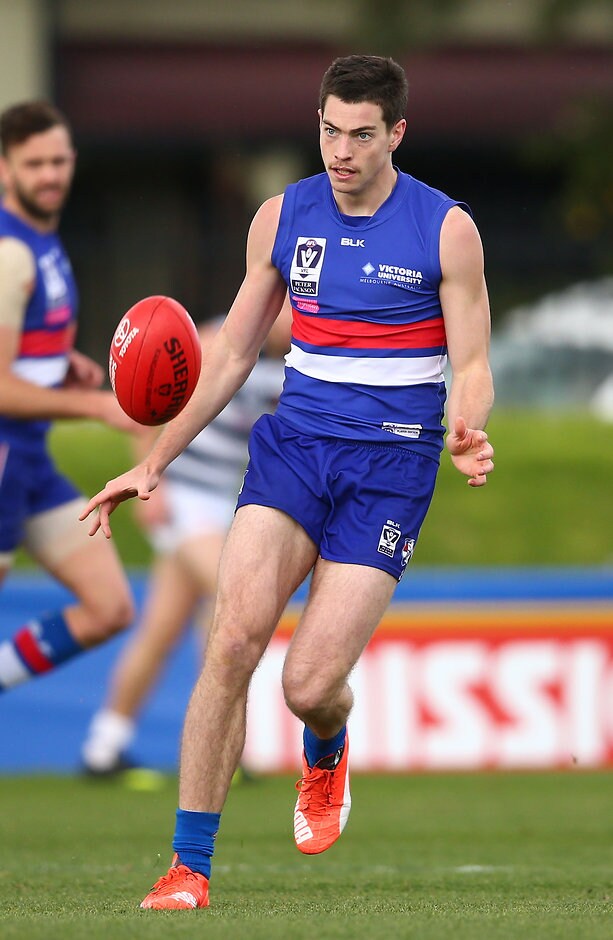 VFL 2016 Rd 10 - Footscray v Geelong MELBOURNE, AUSTRALIA - JUNE 11: Bradley Lynch of the Footscray Bulldogs runs with the ball during the round ten VFL match between the Footscray Bulldogs and Geelong at Whitten Oval on June 11, 2016 in Melbourne, Australia. (Photo by Scott Barbour/AFL Media)